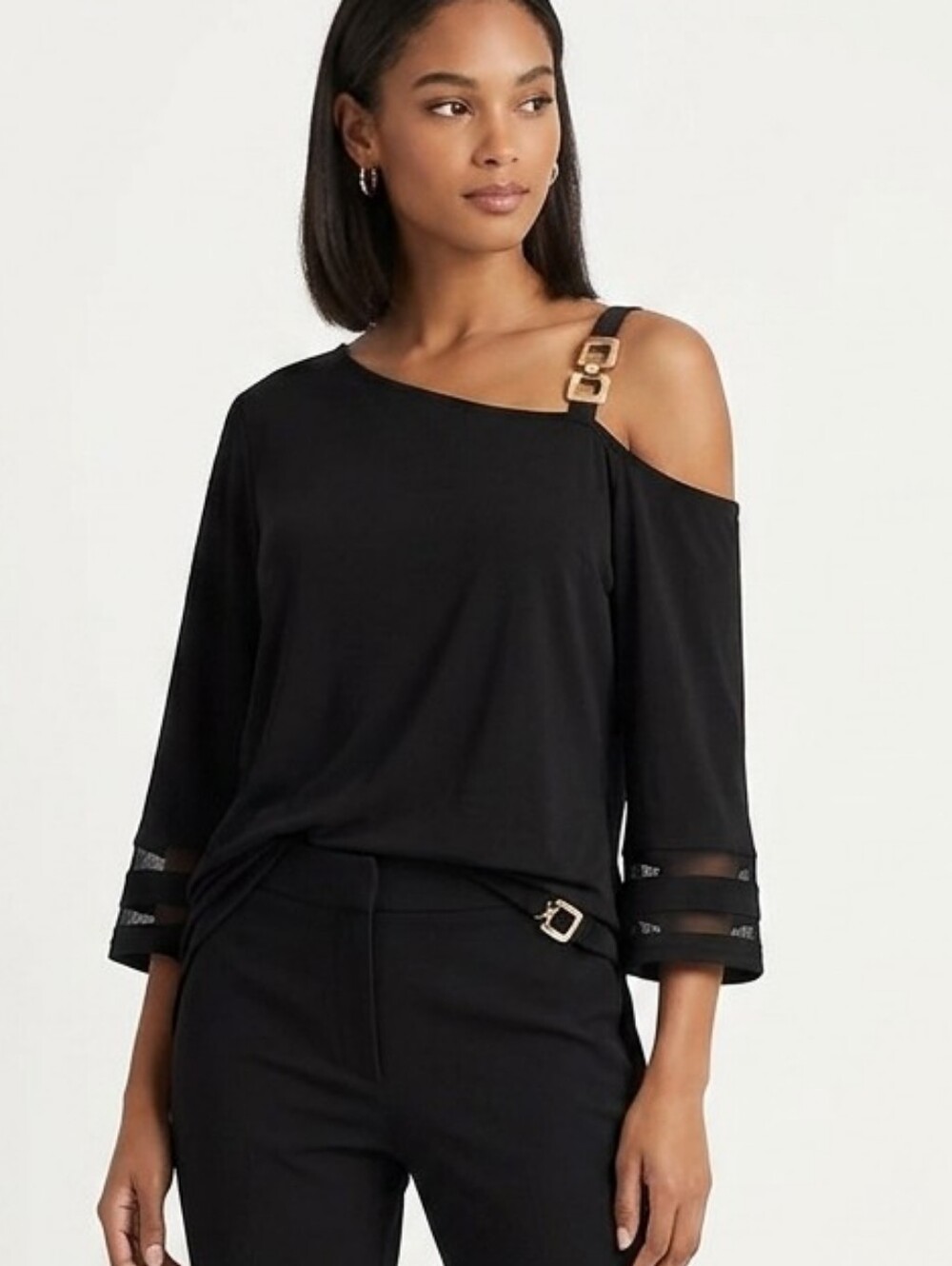 Chicme Asymmetric One-Shoulder Black Women's Top with Gold Buckle Size Large
